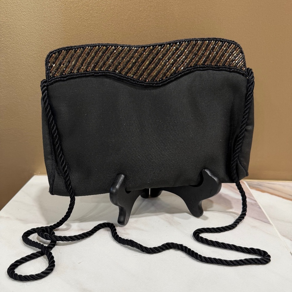 Beaded evening bag, Black with bronze beads, Like new